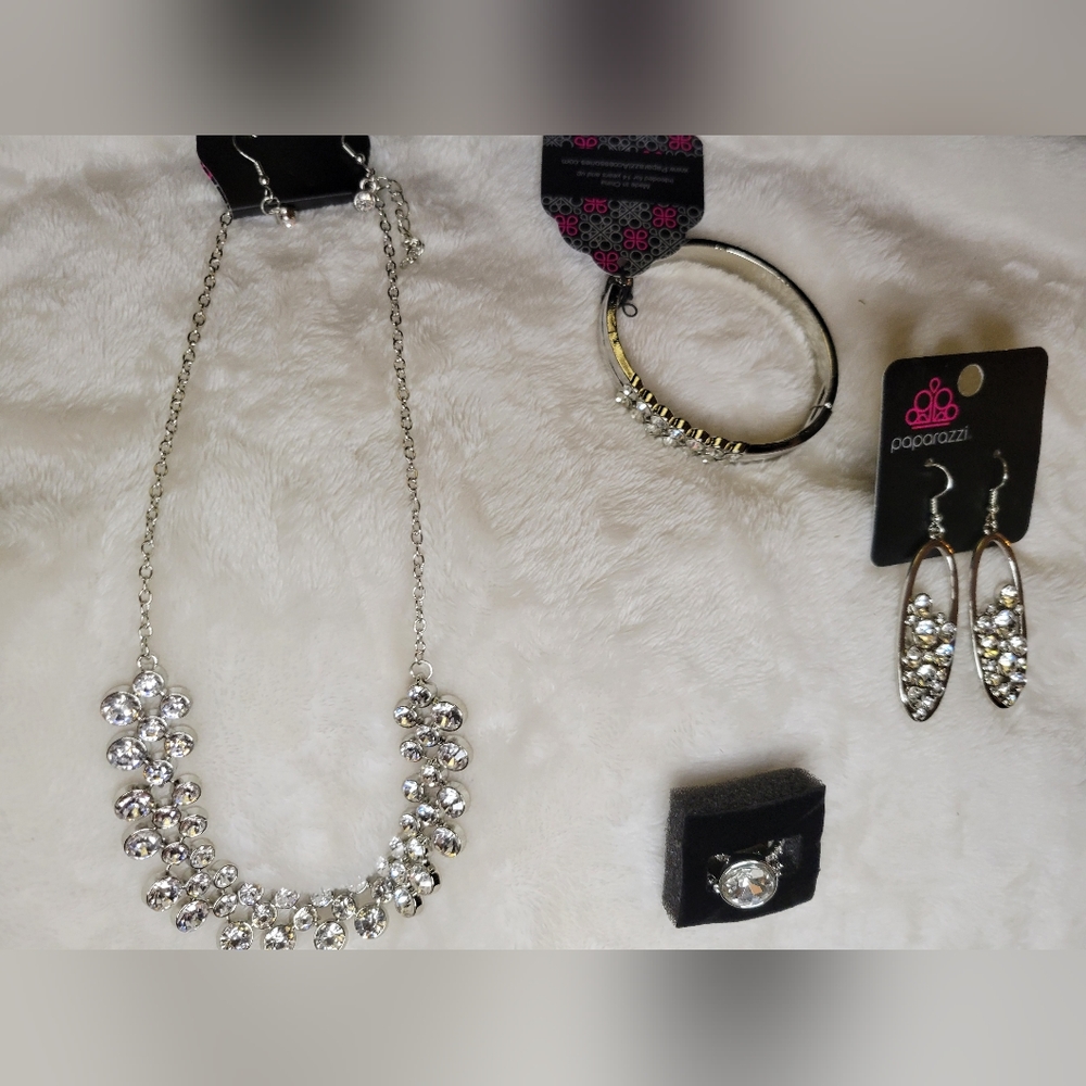 White out Crystal Bling Necklace set with ring, earrings, and bracelet set